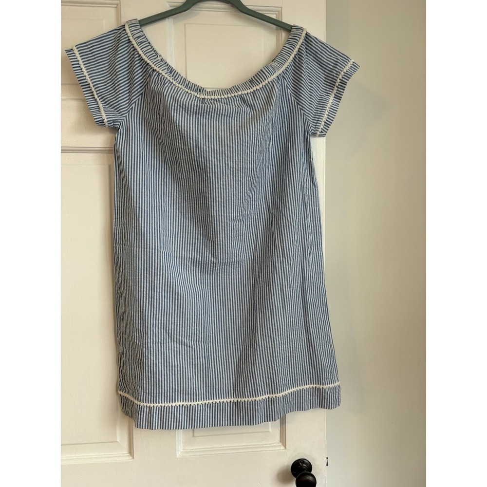 Pomegranate Inc Womens Blue White Seersucker Off Shoulder Pom Pom Dress S NEW